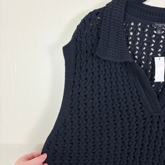 Talbots Black Lightweight Cotton Open Stitch Johnny Collar Sweater Vest - Picture 5 of 10